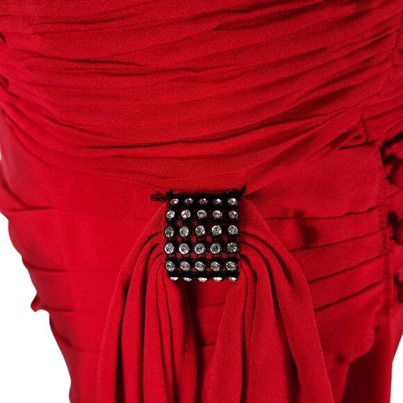 Vintage 90s Red Fitted Midi Cocktail Dress Size S Draped Open Back Square Neck - Picture 14 of 16